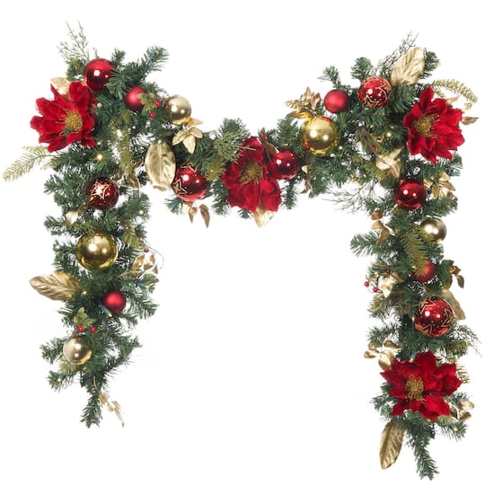 9 ft. Pre-Lit LED Golden Leaf Red Magnolia Artificial Christmas Garland
